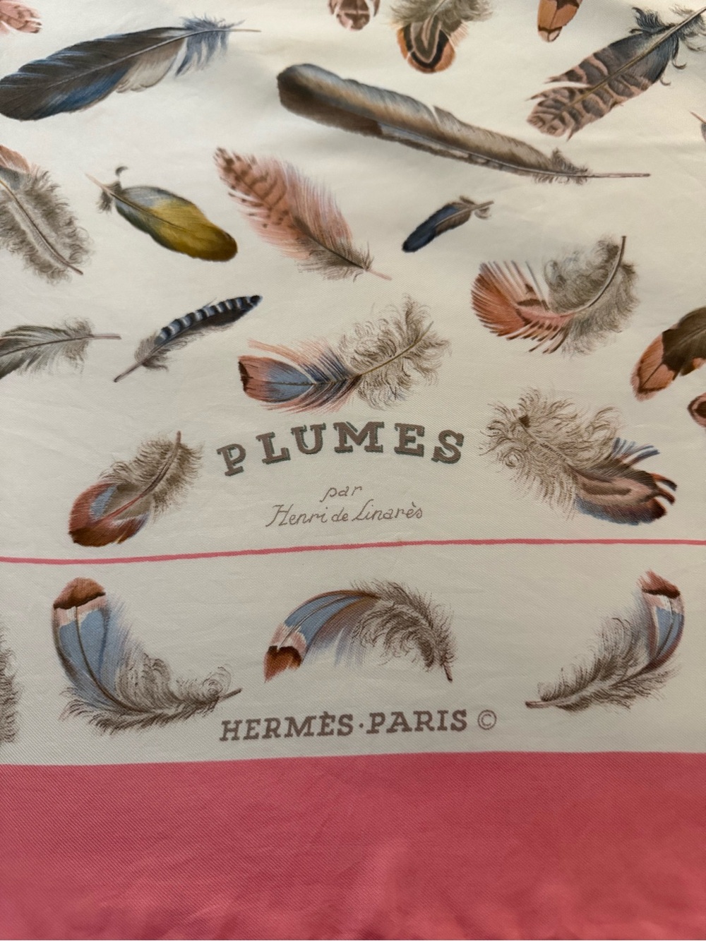 Hermès Scarf. ‘Plumes’, by Henri de Linares. 100% Silk. Made in France.